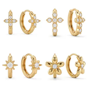 Elegant gold-plated stainless steel hoop earrings set with zircon cross and flower motifs