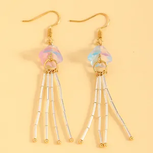 Détail en gros plan des boucles d'oreilles à pompons inspirées des méduses en rose et bleu