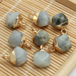 Detailed view of faceted semi-precious stone pendants with gold caps for DIY jewelry