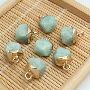 Detail view of faceted amazonite stone pendants with gold-plated caps for DIY jewelry