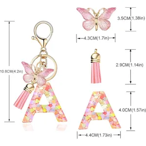Detailed size chart for pink heart sequin letter A keychain with butterfly and tassel