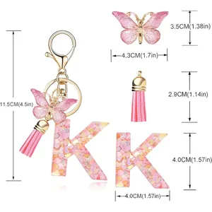 Detailed dimension guide for pink heart sequin letter K keychain with butterfly charm