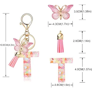 Detailed dimensions of butterfly tassel letter T keychain featuring heart sequins decoration