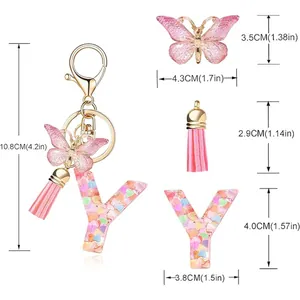 Detailed dimensions of letter Y keychain with butterfly, tassel and heart sequins