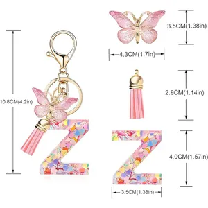 Detailed dimension diagram of heart sequin letter Z keychain with butterfly charm