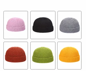 Six color variations of rib-knitted docker hats in a grid layout
