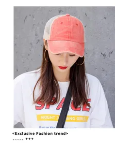 Model wearing an orange washed mesh baseball cap for breathable summer sun protection.