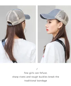 Side and back views of a washed breathable mesh baseball cap for sun protection