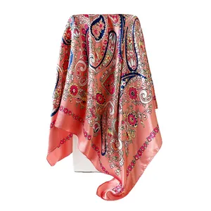 Elegant pink paisley print silk-like satin square scarf for women 90cm head wrap