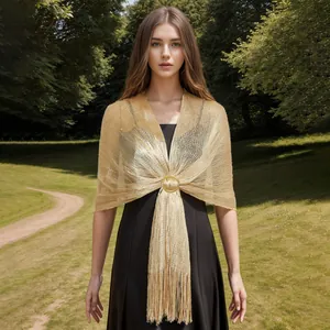 Women Elegant Polyester Metallic Yarn Hollow Out Shawl Scarf With Tassel Fringe Gold Silver Evening Party Wedding Wrap Cape