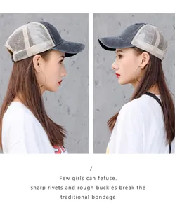 Detailed side profile of a breathable washed grey mesh baseball cap worn by a model