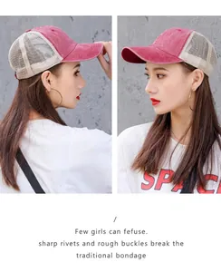 Washed red mesh trucker cap worn by model showing side profile views