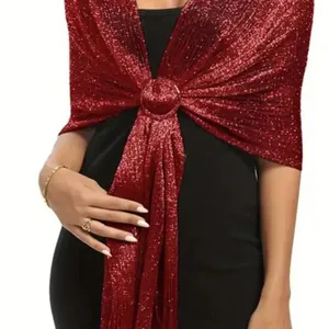 Elegant red metallic glitter shawl wrap for evening dresses thin hollow knit scarf cover