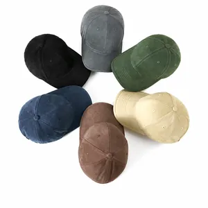 Collection of washed distressed baseball caps in multiple colors featuring a structured hard top