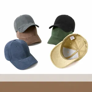Washed cotton baseball caps in six colors featuring a wide brim and distressed vintage style