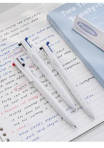 Macro view of Planwith white 3-in-1 multi-color gel ink pens on a handwritten notebook
