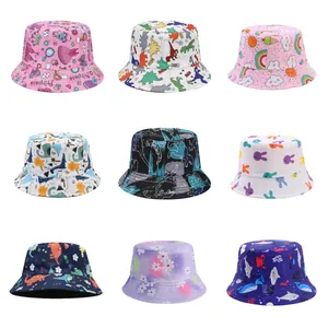 Kids Double Sided Bucket Hat Cartoon Dinosaur Unicorn Printed Polyester Sun Protection Outdoor Travel Hat For Children