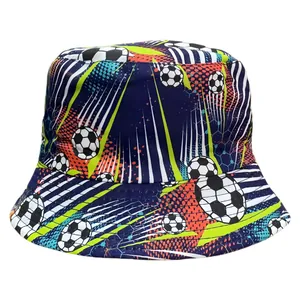 Colorful children's bucket hat with vibrant soccer ball print on white background