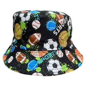 Detailed view of a kids sports theme bucket hat with soccer, football and baseball prints.
