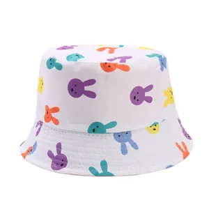 Children's white bucket hat with colorful cartoon rabbit patterns for sun protection