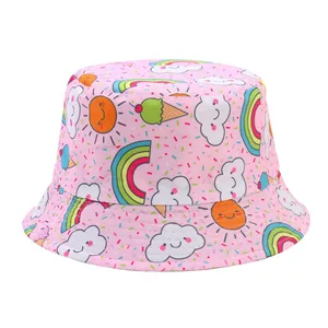 Close-up of pink children's bucket hat with colorful cartoon rainbow and sun patterns