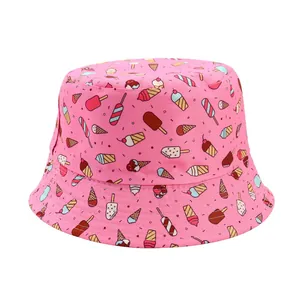 Detail of children's pink bucket hat with colorful ice cream and popsicle pattern print