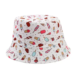 Children's white bucket hat with colorful cartoon ice cream and popsicle print detail