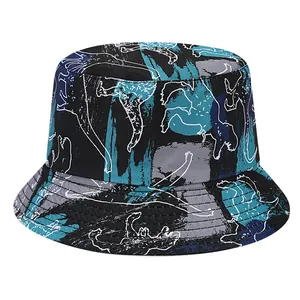 Detail of kids bucket hat with dinosaur print in blue and black colors