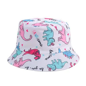 White kids bucket hat with colorful dinosaur patterns and RAWR-some text