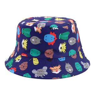 Dark blue children's bucket hat with colorful cartoon animal print for sun protection