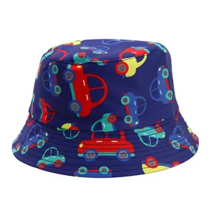 Detail view of a children's navy blue bucket hat featuring colorful cartoon car patterns