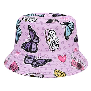 Detailed view of children's purple cartoon butterfly print fisherman bucket hat design