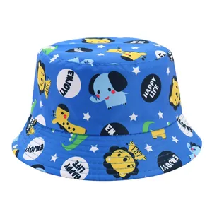 Close-up of children's blue bucket hat featuring cute cartoon animal prints and stars