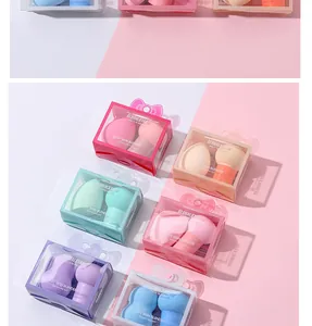 Detailed view of mushroom head makeup sponge sets in colorful bow-shaped packaging