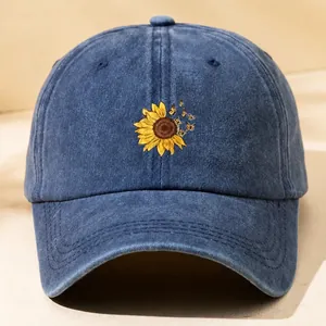 Cappellino da baseball blu navy lavato elegante con vivace stampa di girasole