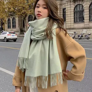 Écharpe épaisse en imitation cachemire vert menthe avec pompons élégants pour l'hiver