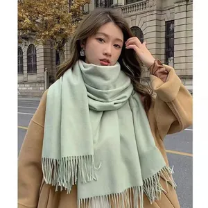 Écharpe épaisse en imitation cachemire vert menthe avec franges, châle d'hiver pour femme mode