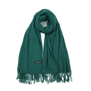Écharpe en cachemire synthétique vert foncé uni pour femmes avec franges, châle d'hiver épais