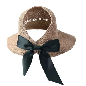 Sombrero de paja plegable para mujer con lazo negro grande para playa y protección