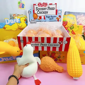 Vista detallada de juguetes squishy gigantes de rebote lento, incluidos pato y muslo de pollo