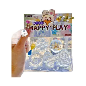 Assorted transparent food-themed squishy toys set in clear packaging with mini toy fork