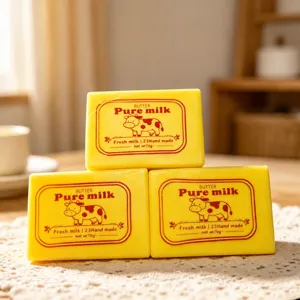 Close-up of butter milk soap squishy toy with slow rebound texture and cow print