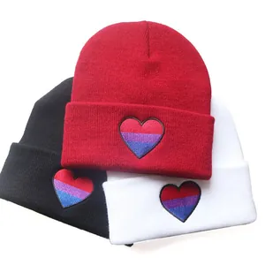Unisex Rainbow Heart Embroidery Acrylic Knit Beanie Hat Warm Winter Cuff Skully Cap For Men Women Casual Streetwear