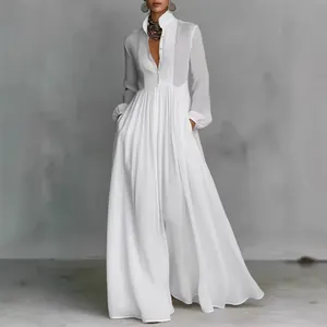 Abito Lungo Plissettato in Stile Francese per Donna Tinta Unita Manica Lunga Elegante Slim Fit Poliestere Resort