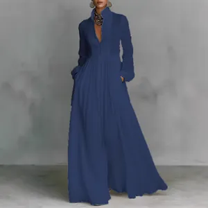 Elegante abito lungo a pieghe a maniche lunghe blu navy in stile francese per vacanze.