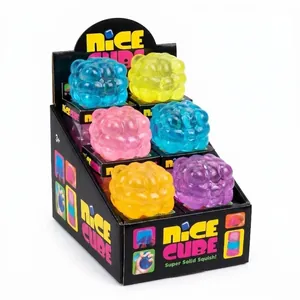 Vibrant multi-color ice cube squishy stress relief toys presented in a professional display box