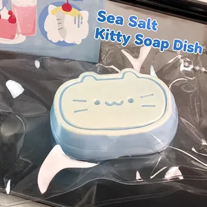 Cute cat-shaped TPR squishy stress relief toy in sea salt blue and cream colors