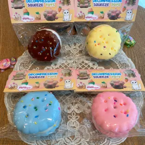 Detailed view of colorful soft dessert-shaped squeeze toys in assorted vibrant colors.