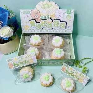 Detail view of cute muffin-shaped squishy toys with cream and grape decoration in mint box