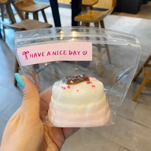 Close-up view of simulation Basque cake squeeze toy in transparent packaging with sticker